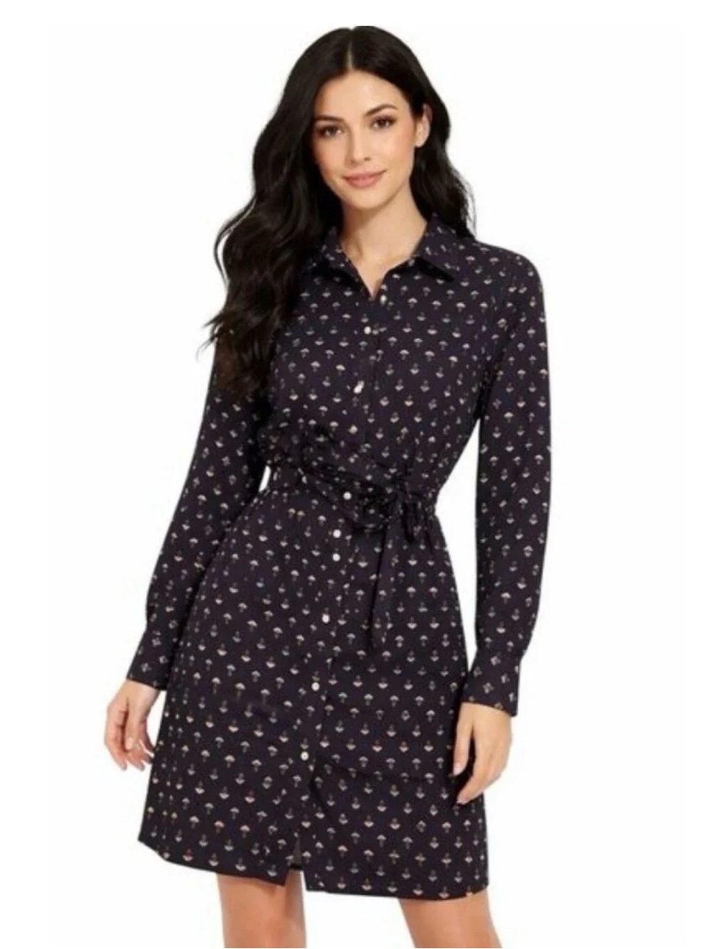 UNTUCKit Navy Floral Midi Shirt Dress with Tie Waist Classy